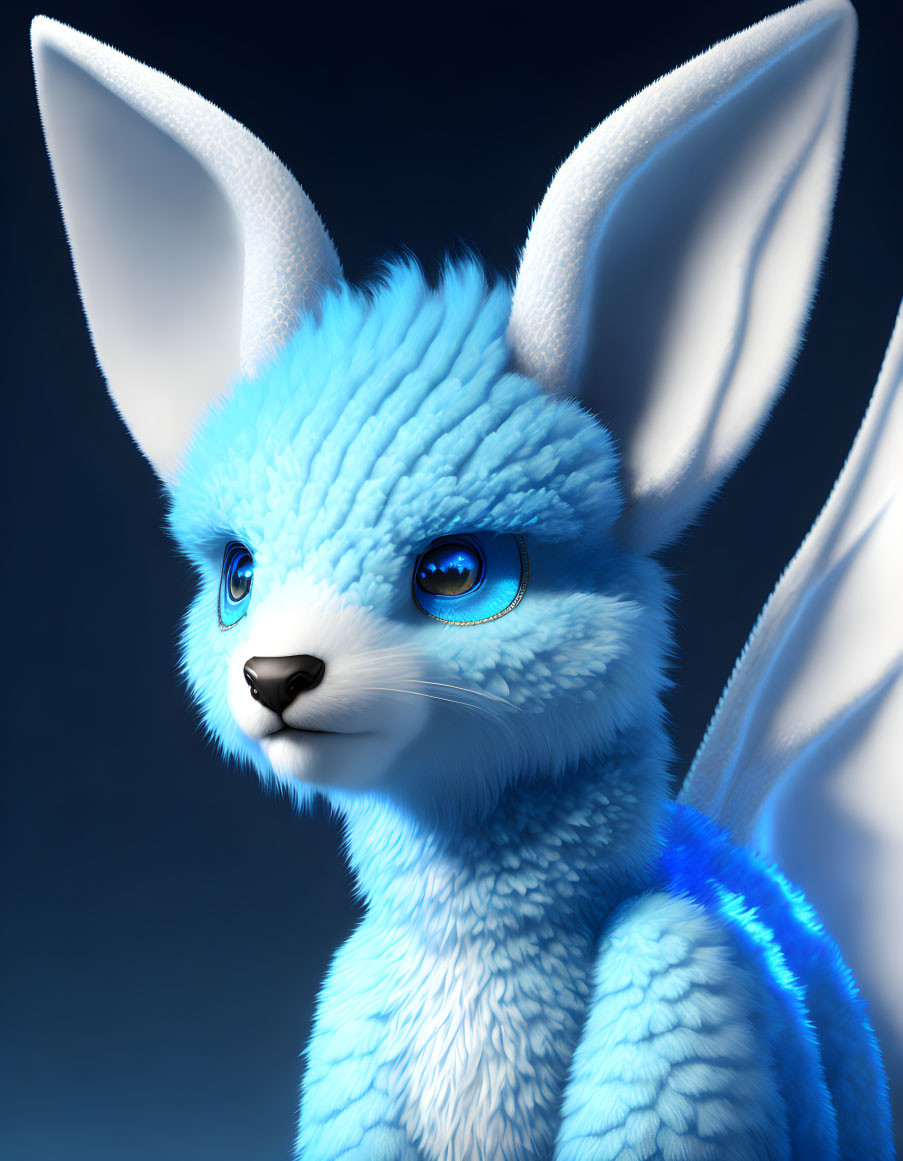 Whimsical creature with blue fur, large ears, and bright eyes