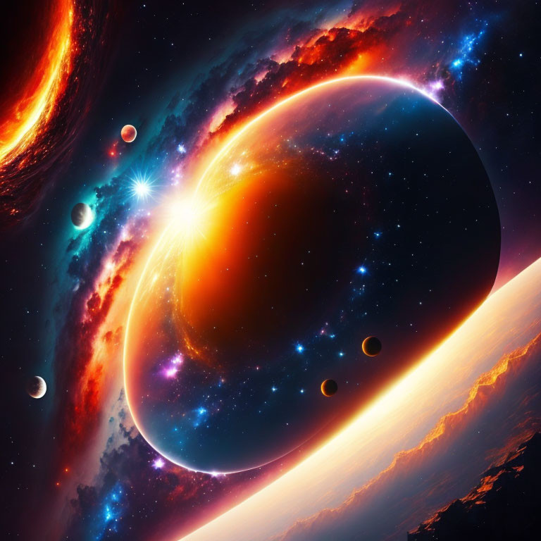 Colorful Space Scene with Planet, Moons, Sun, and Galaxy