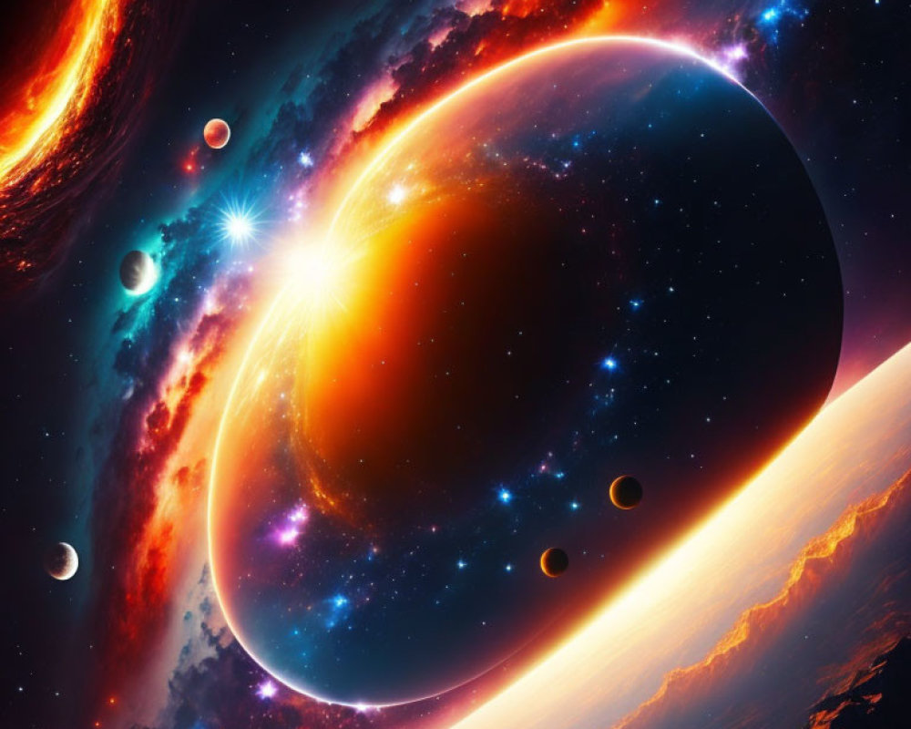 Colorful Space Scene with Planet, Moons, Sun, and Galaxy