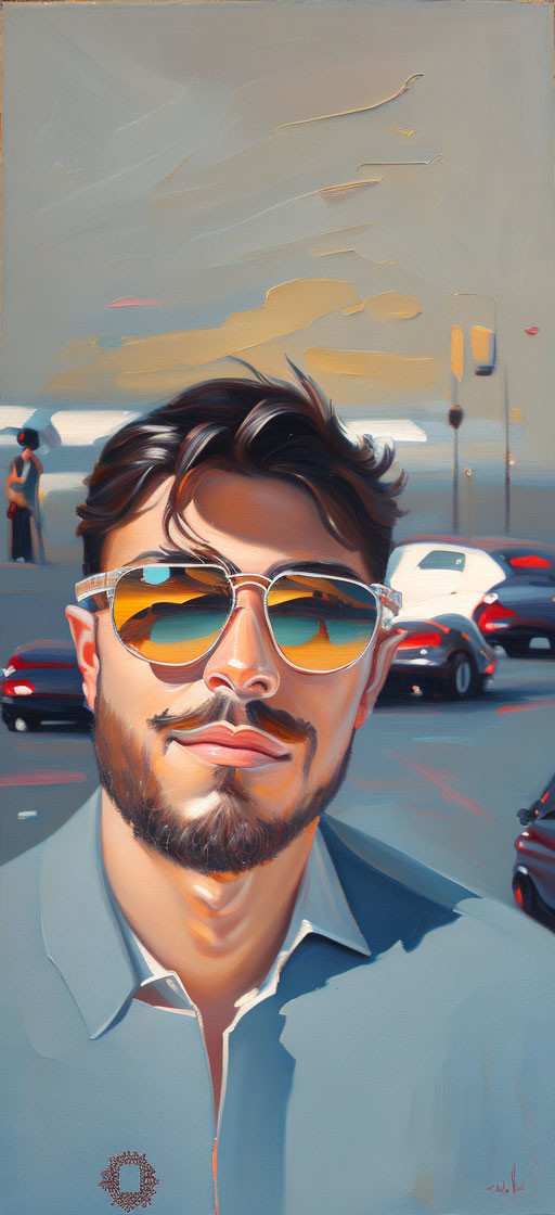 Man with Sunglasses Reflecting Beach Scene in Warm Stylized Painting