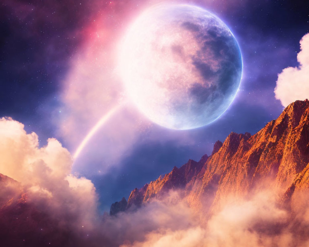 Majestic moon over rugged mountains in starry sky