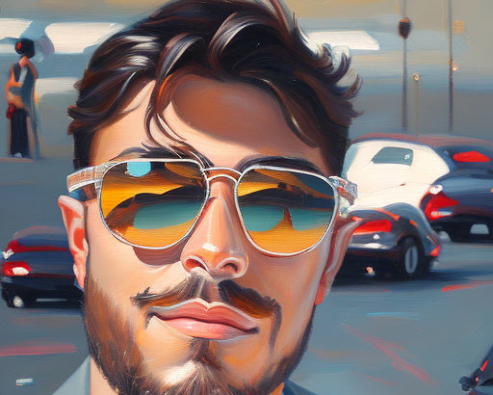 Man with Sunglasses Reflecting Beach Scene in Warm Stylized Painting