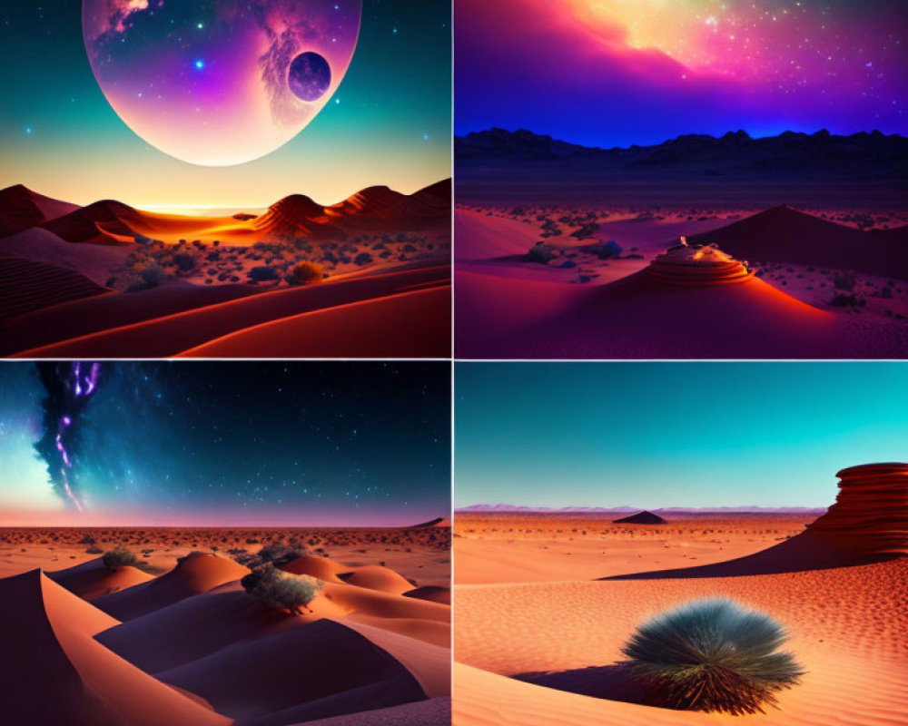 Colorful Desert Landscape Scenes with Vibrant Skies and Large Moon