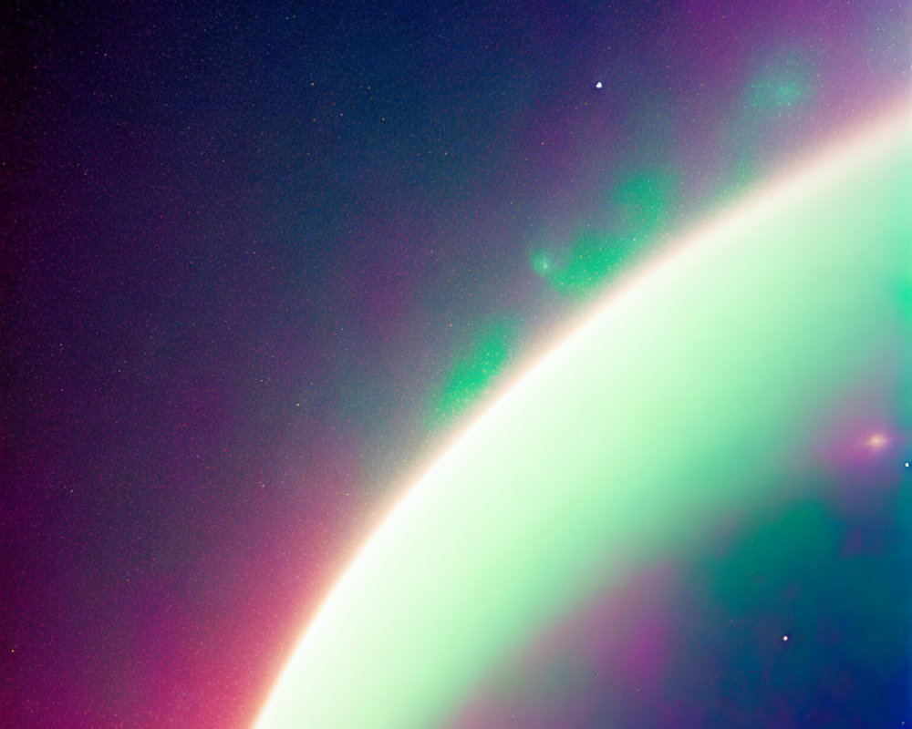 Curved horizon of a green planet against starry space