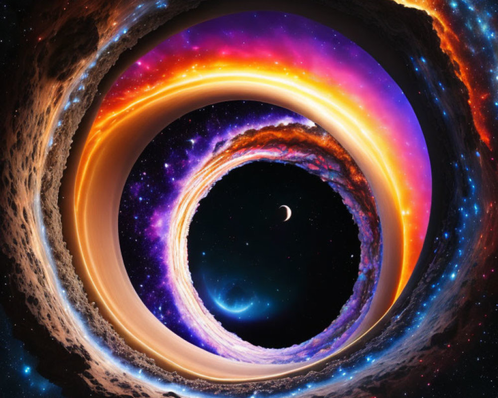 Colorful cosmic scene with black hole, swirling galaxy, and crescent moon