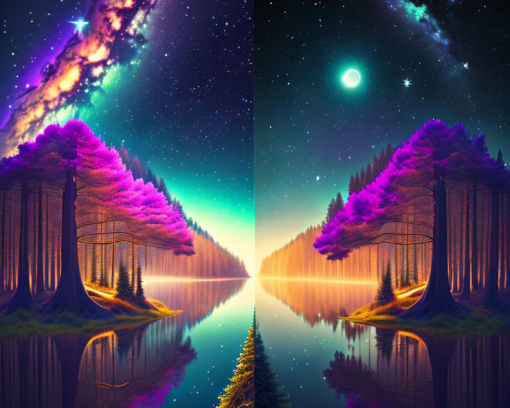 Colorful Digital Artwork: Mirrored Landscape with Starry Night Sky