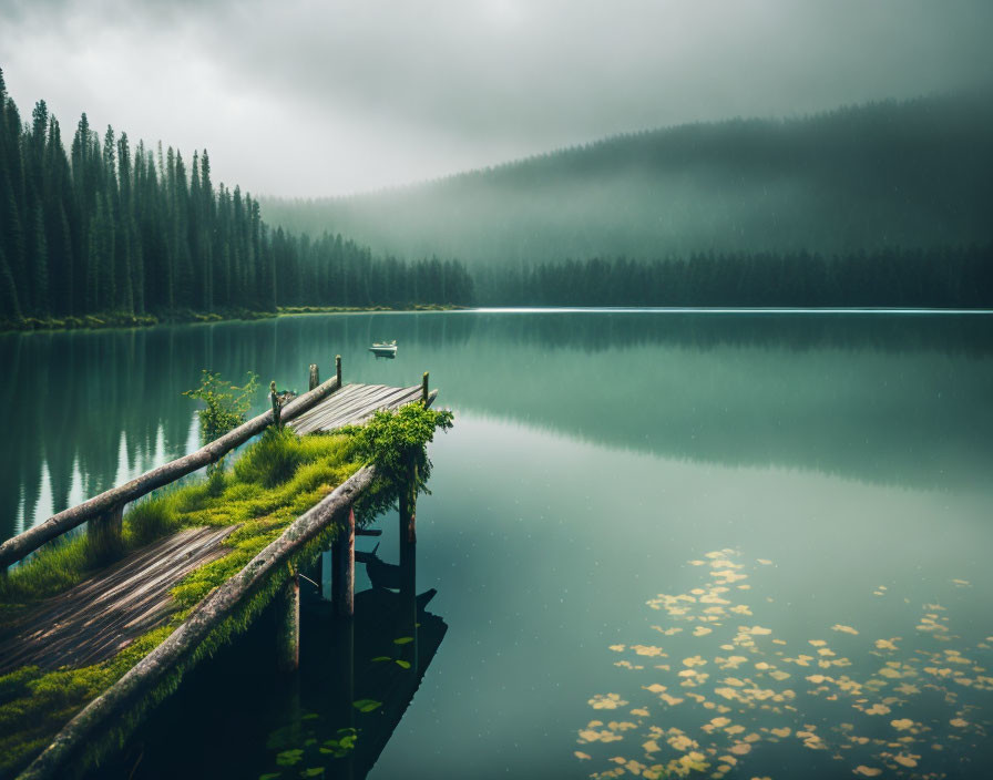 Tranquil lake scene with misty forest, wooden dock, and lone boat