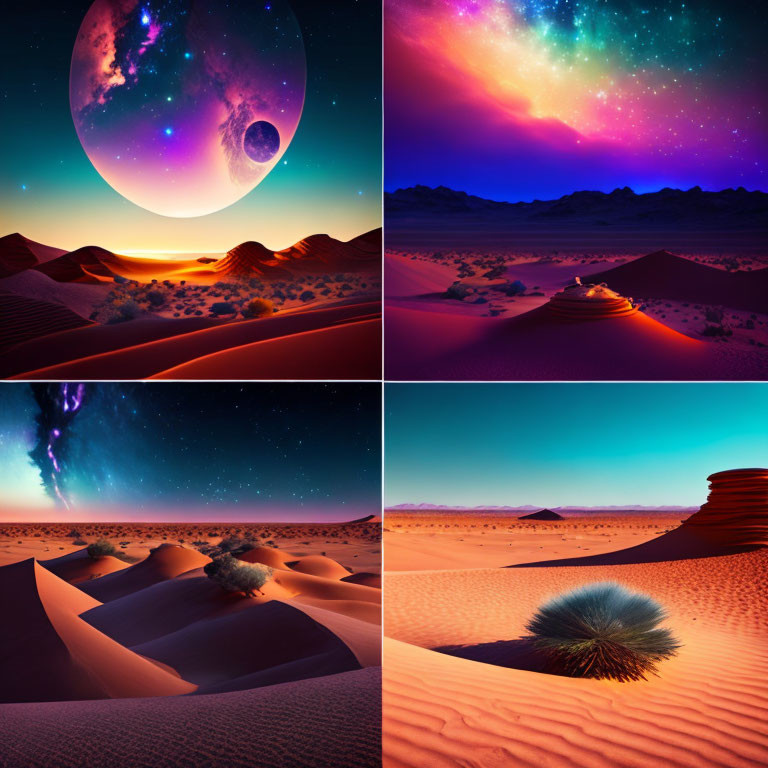 Colorful Desert Landscape Scenes with Vibrant Skies and Large Moon