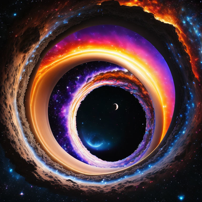 Colorful cosmic scene with black hole, swirling galaxy, and crescent moon