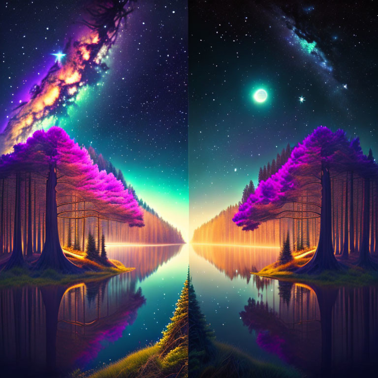 Colorful Digital Artwork: Mirrored Landscape with Starry Night Sky