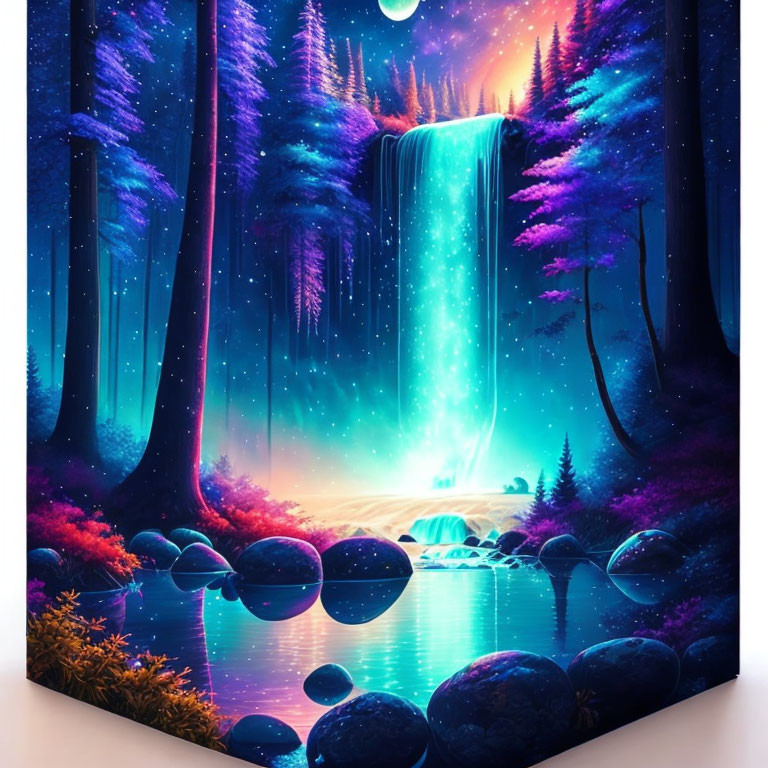 Enchanting forest digital artwork with luminous waterfall