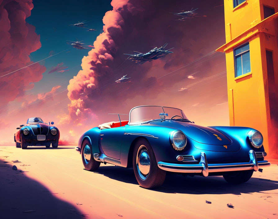 Vintage cars on empty street with flying spaceships in pink sky