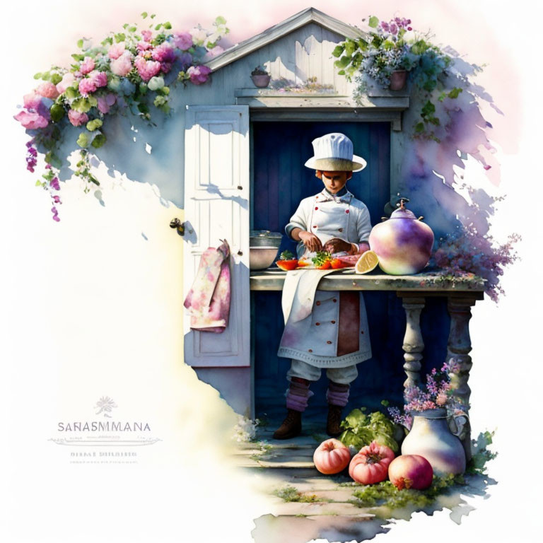 Young chef in white hat and apron cooking by rustic wooden door with flowers and garlic.