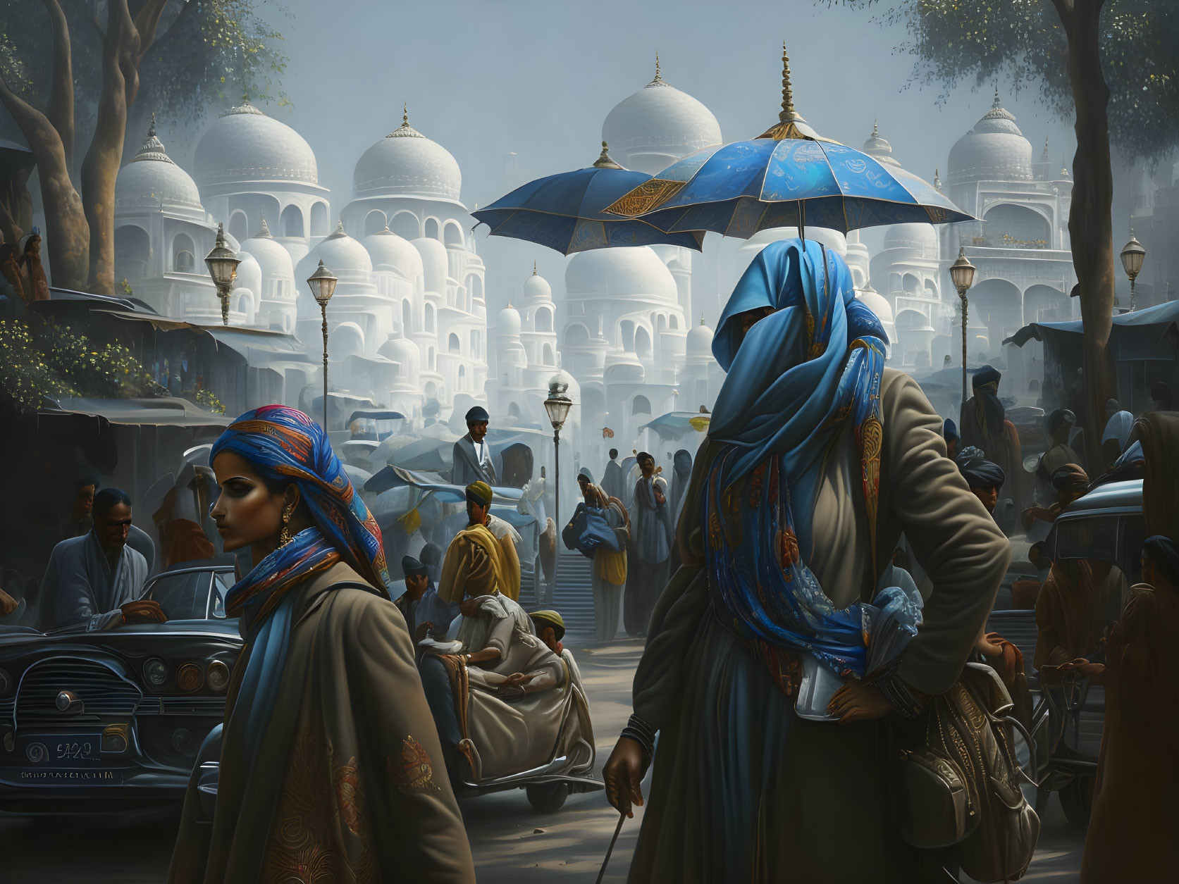 Two women in blue scarves at bustling marketplace with white domed buildings.