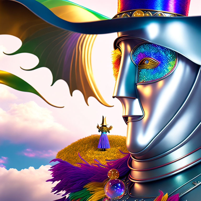 Vibrant digital art: Knight's helmet adorned with Mardi Gras motifs, small figure on
