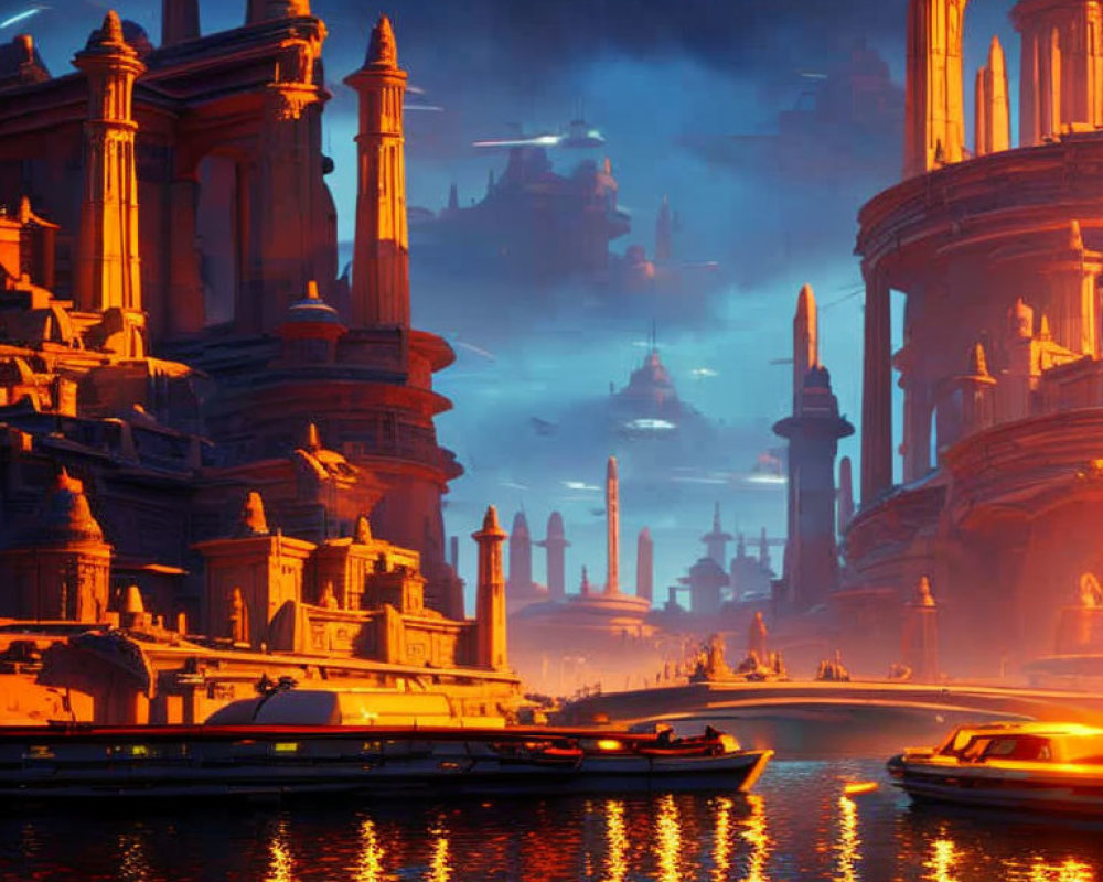 Futuristic cityscape at dusk with illuminated spires and waterways