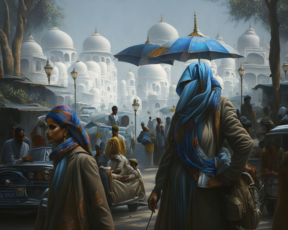 Two women in blue scarves at bustling marketplace with white domed buildings.