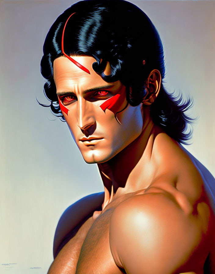 Muscular man with black hair and red lightning bolt illustration