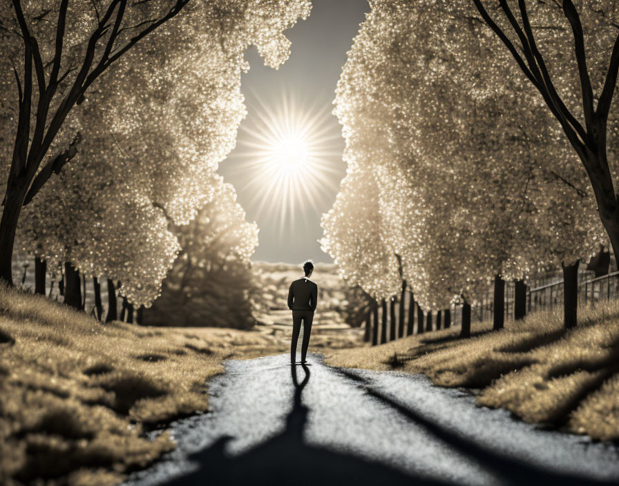 Person standing on glowing tree-lined path under radiant sun.