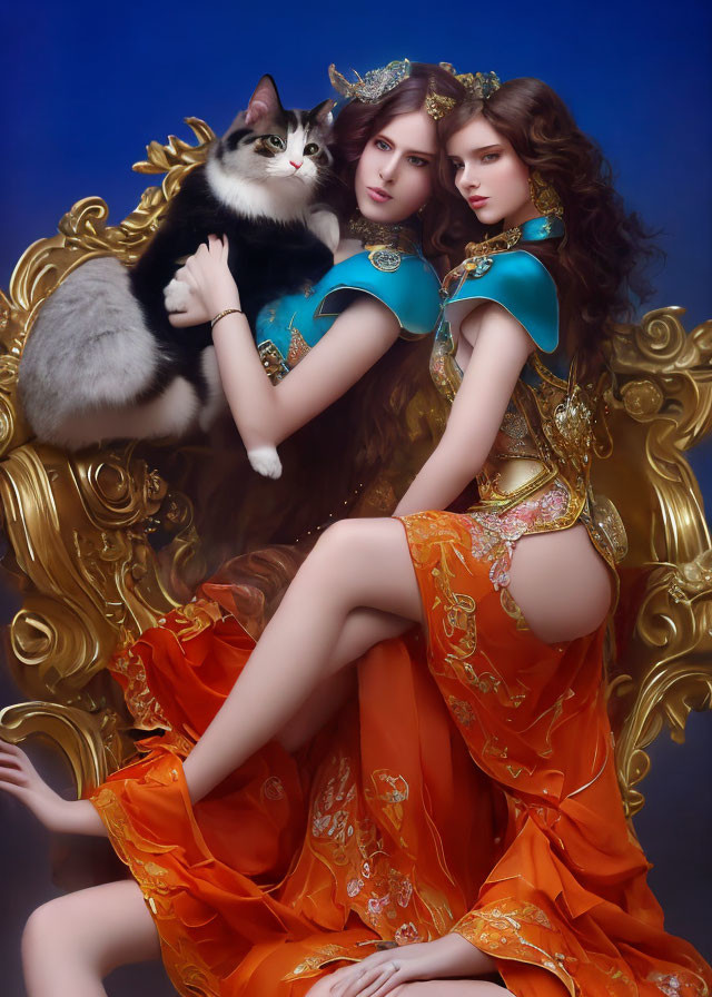 Two women in ornate orange dresses with blue embellishments sitting with a cat on a golden chair against