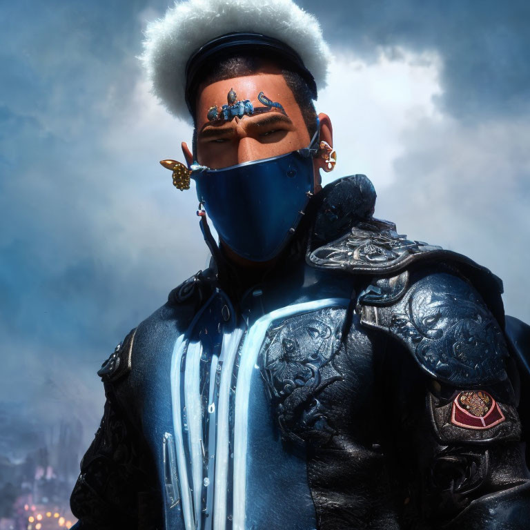 Fantasy armor-clad figure with blue mask and forehead jewels against cloudy sky.