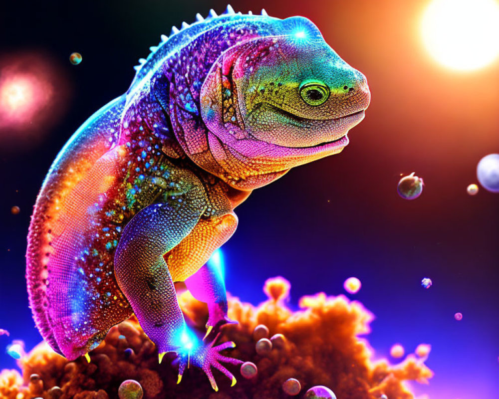 Colorful chameleon on glittery coral against vibrant cosmic backdrop