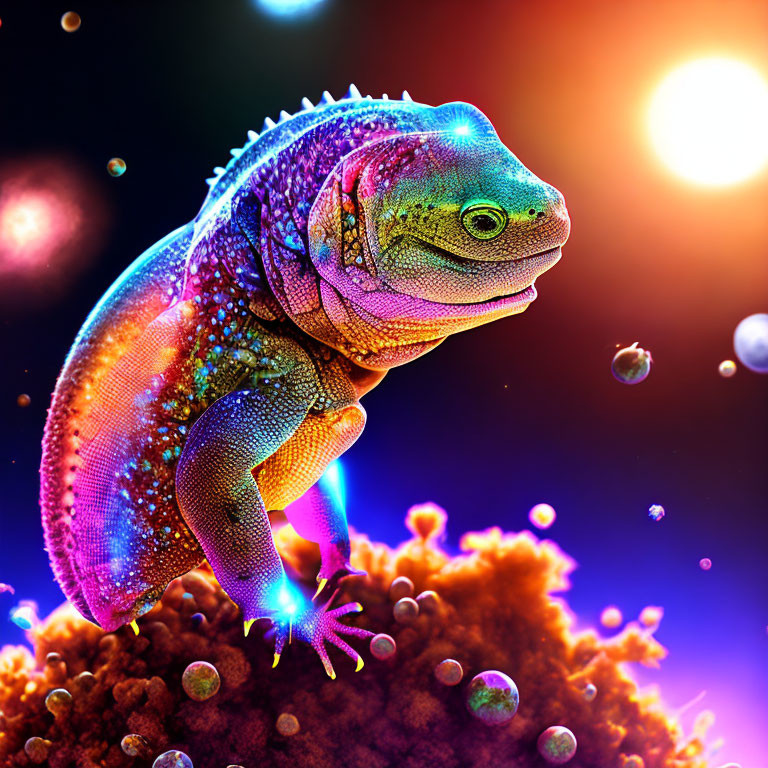 Colorful chameleon on glittery coral against vibrant cosmic backdrop