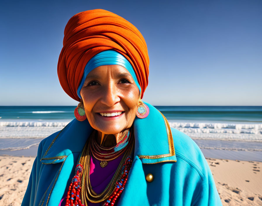 Smiling woman in orange headwrap on sunny beach