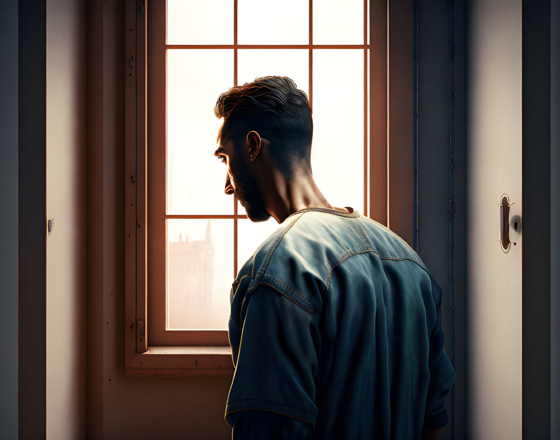 Bearded young man gazes out window in contemplative mood