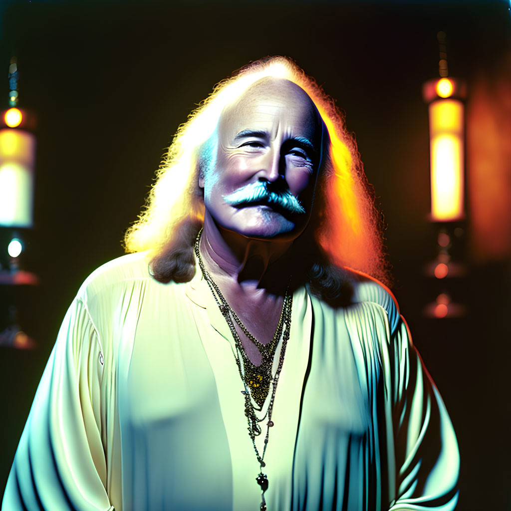 Smiling man with mustache and long hair in warm vintage lighting