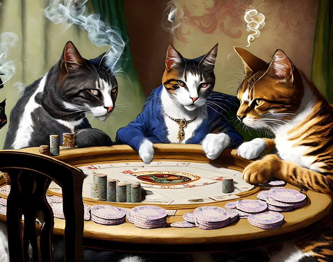 Three Cats Playing Poker in Human Clothing with Chips and Cards