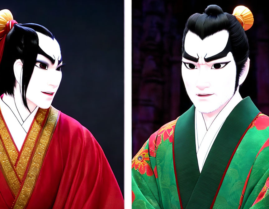 Stylized animated characters in East Asian attire with intense expressions