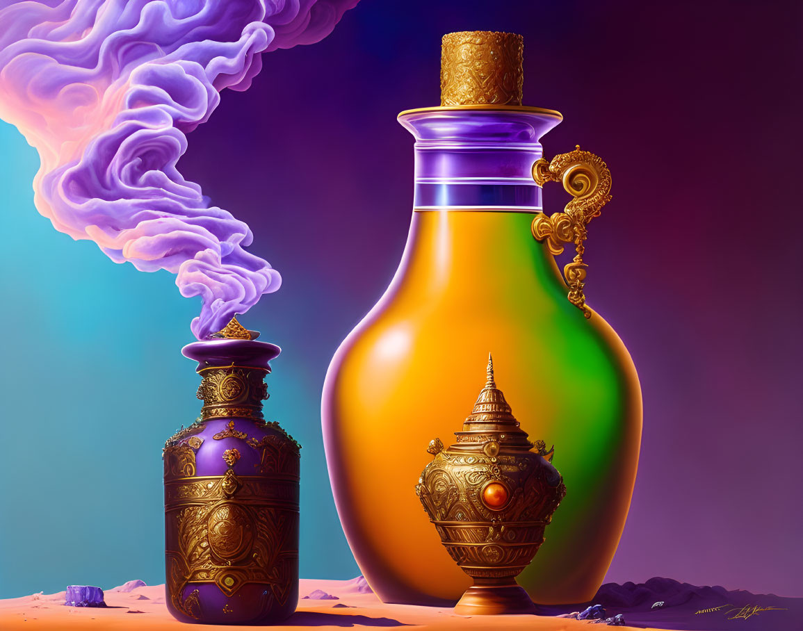 Three ornate mystical potion bottles on purple and orange gradient background