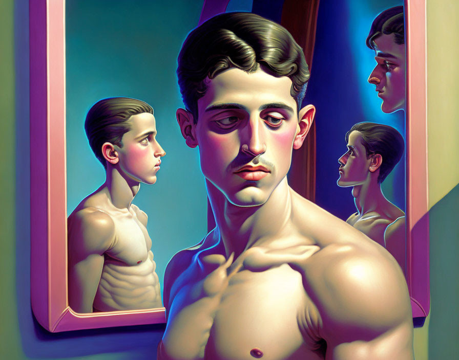 Stylized painting of young man with reflections in side mirrors