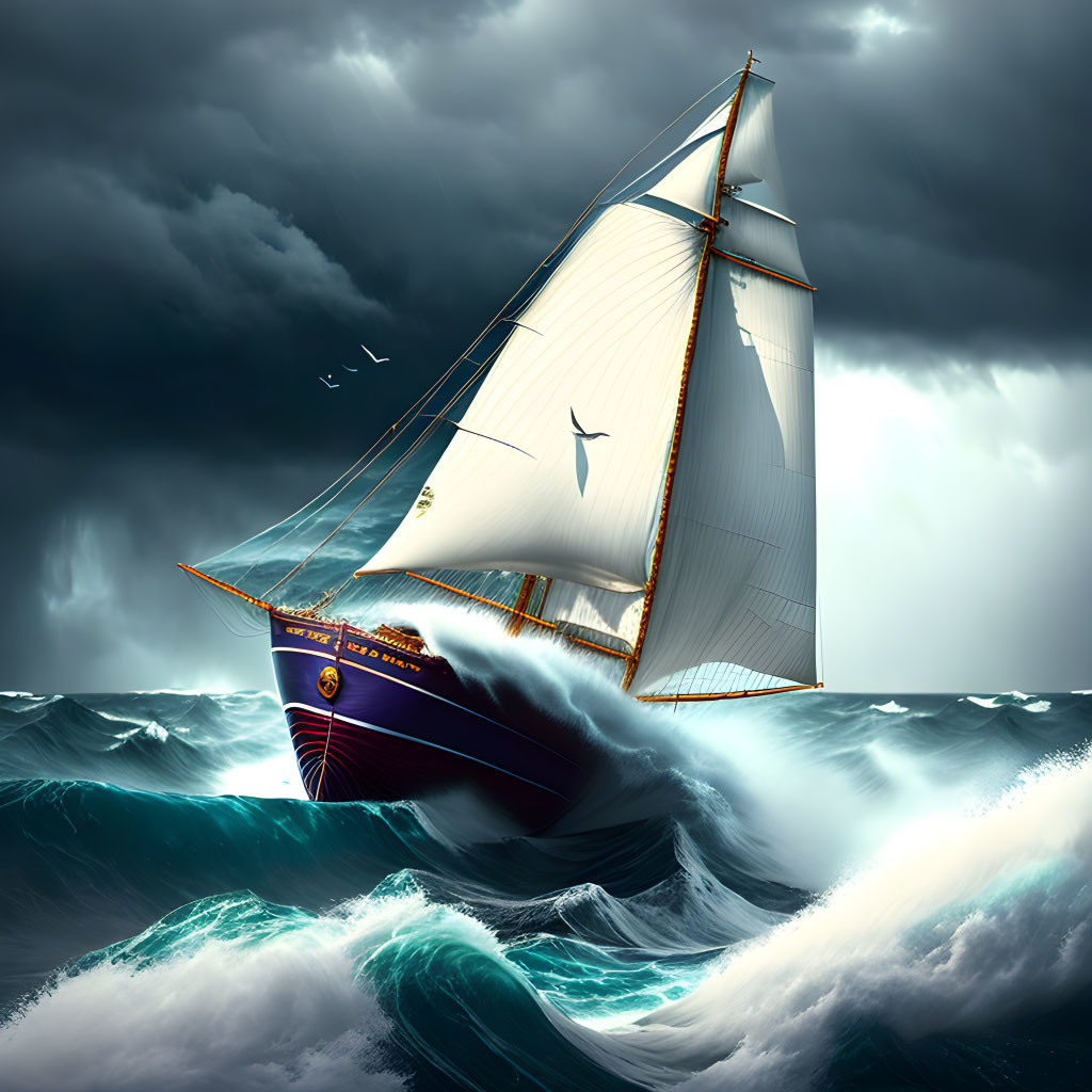 Sailboat with white sails in stormy sea under breaking light