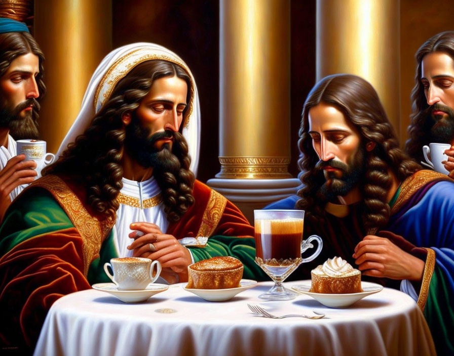 Stylized painting of Jesus and apostles with modern coffee treats