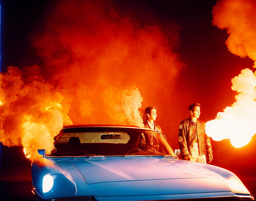 Two men in ornate jackets by classic car with red and orange smoke.