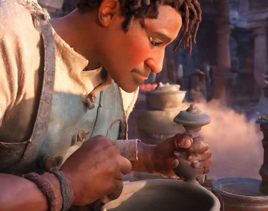 Potter-like Animated Character Crafting Clay Pot on Sunlit Wheel