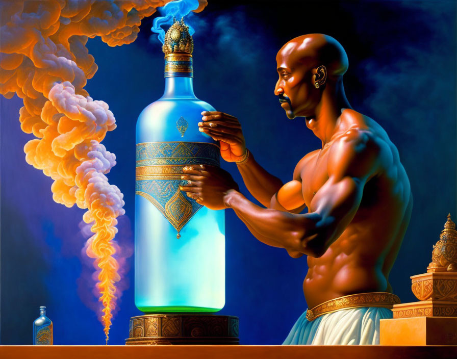 Muscular person in mystical setting with oversized ornate bottle emitting smoke