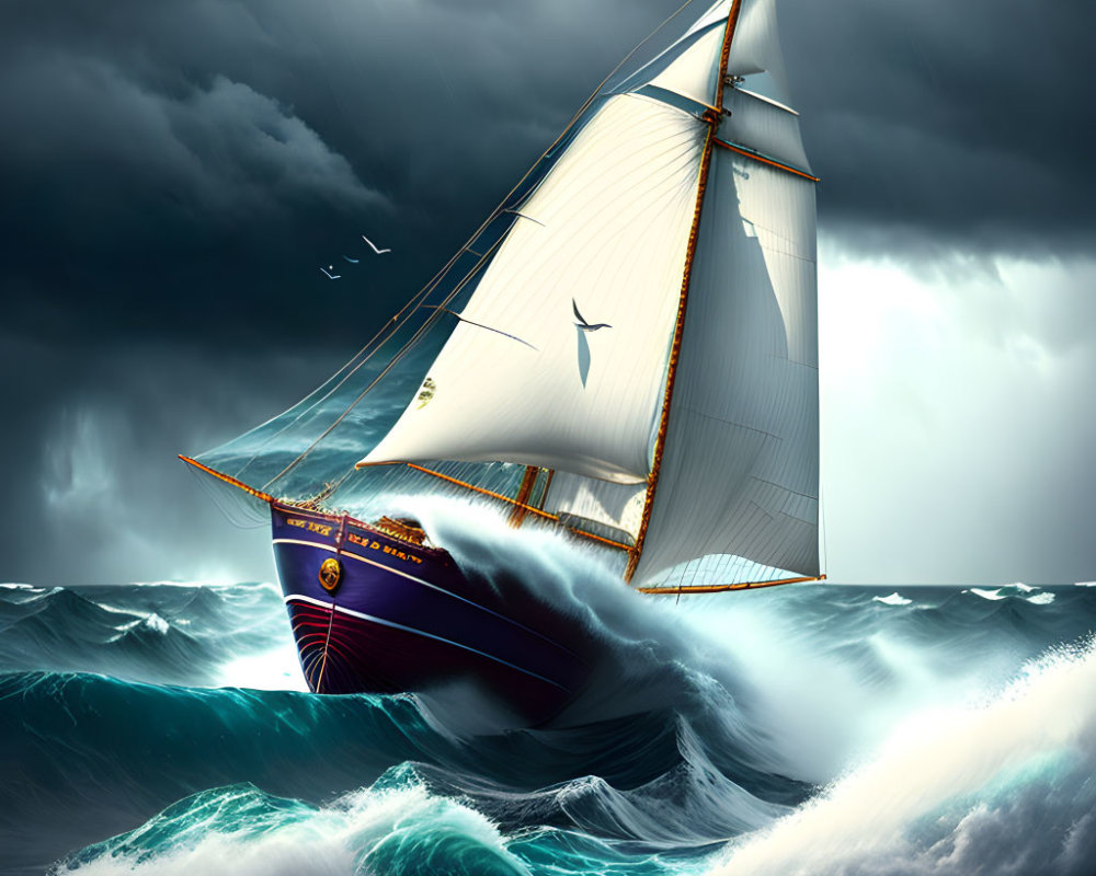 Sailboat with white sails in stormy sea under breaking light