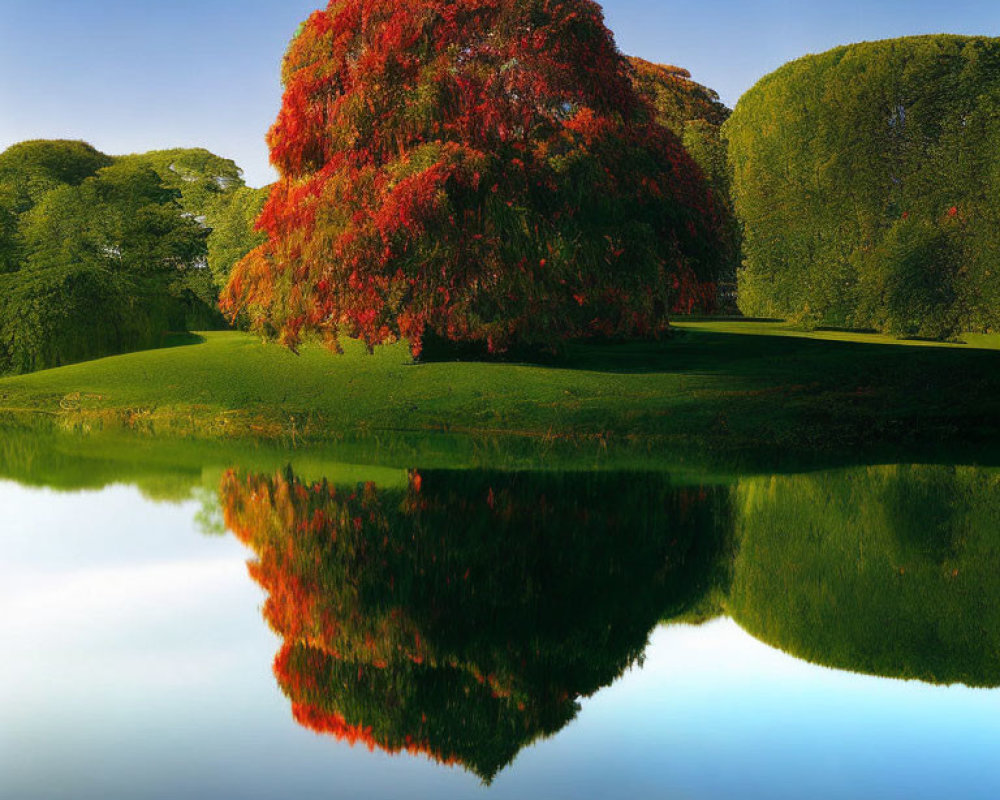 Red-leaved Tree Reflecting in Calm Lake with Green Hedges and Blue Sky