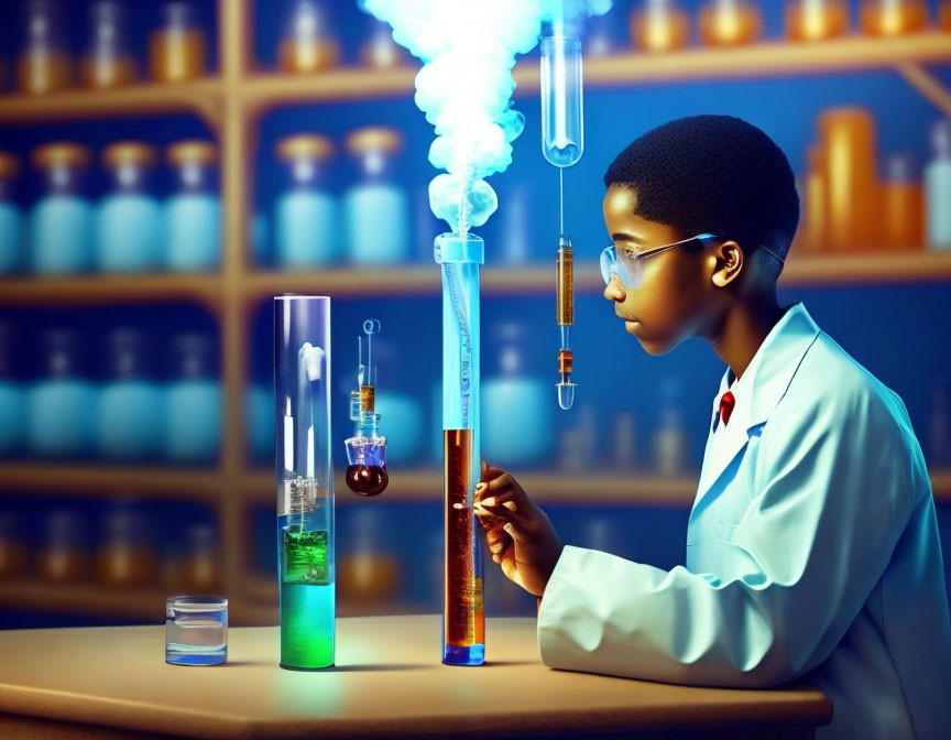Scientist in lab coat conducts colorful chemical experiment in lab.