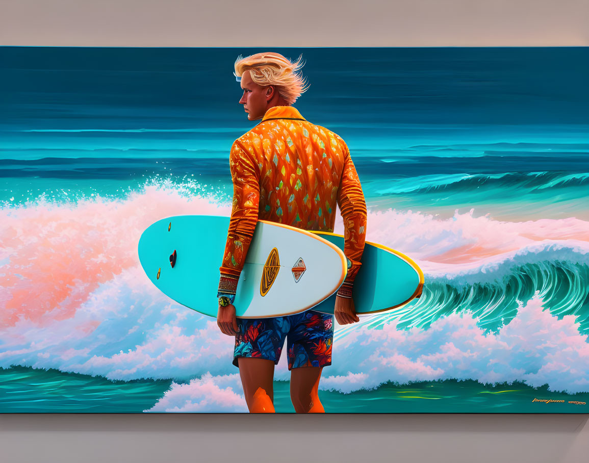 A blond surfer guy navigates the waves on his long