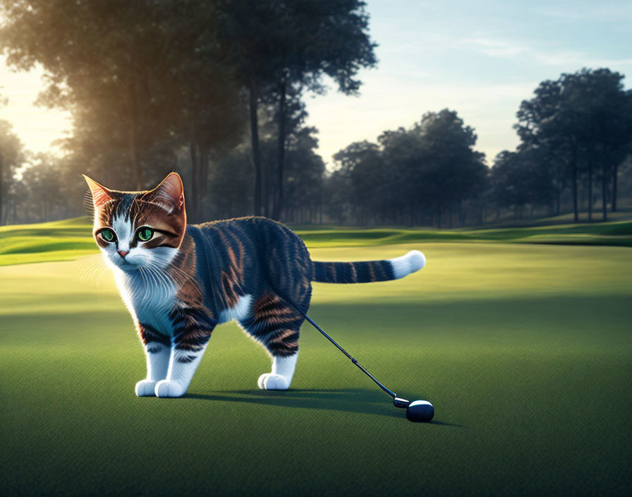 Tabby Cat with Golf Club Tail on Lush Golf Course Sunrise/Sunset