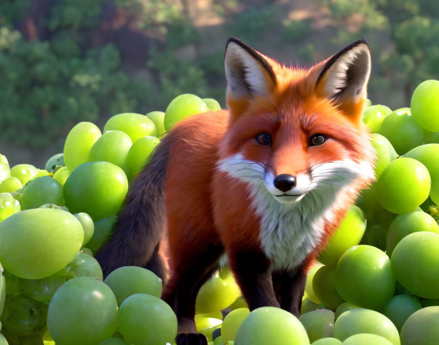 Red Fox Resting Among Green Grapes in Sunlit Forest