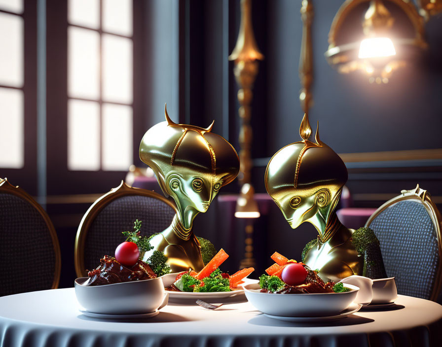 Golden-headed humanoid robots dining on steak and vegetables at a restaurant table