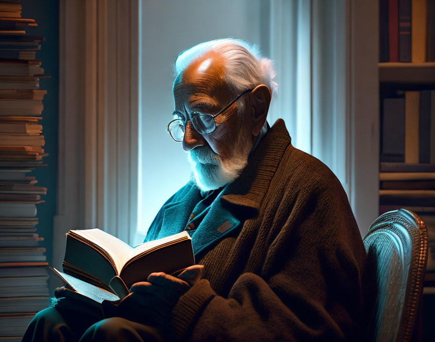 Elderly man reading book in cozy, dimly-lit room