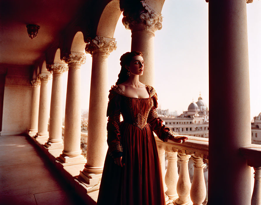Historical dress woman on balcony with cityscape view