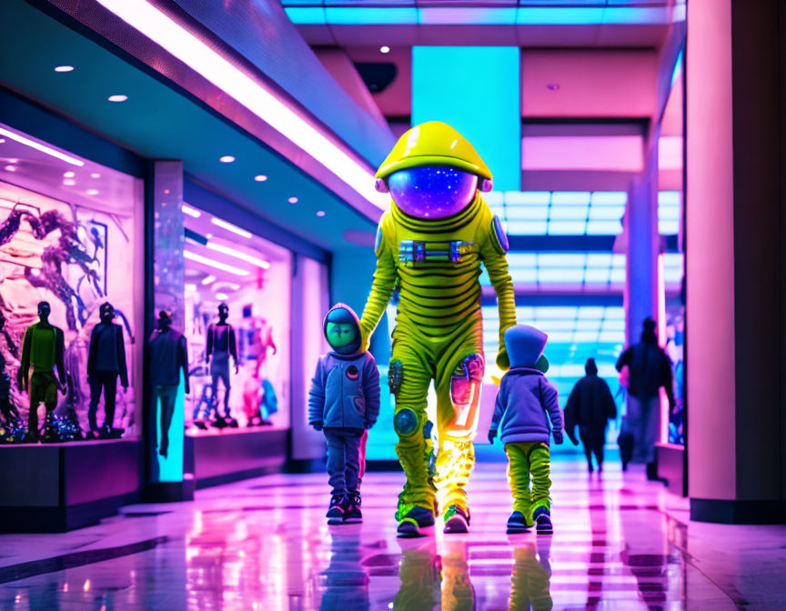 Vibrant green and yellow spacesuit with children in neon-lit corridor