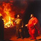 Men in robes having animated conversation amidst towering flames.
